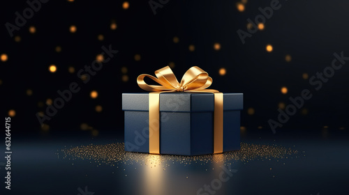 Blue Gift box on a table. Elegant dark blue present box with golden bow on a black background, copy space. Background for greeting card for Birthday, Fathers Day, Christmas. Generative ai illustration © Ziyan Yang