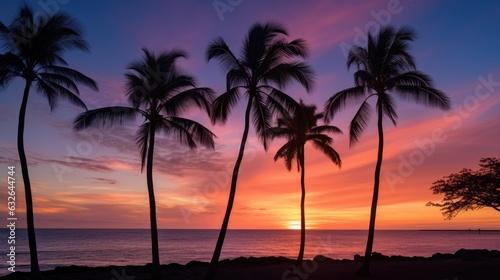 sunrise tropical beach palms pointing sky maui hawaii wide scenic vista generative AI © Brandon