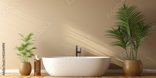 A white bath tub sitting next to a green plant. AI.