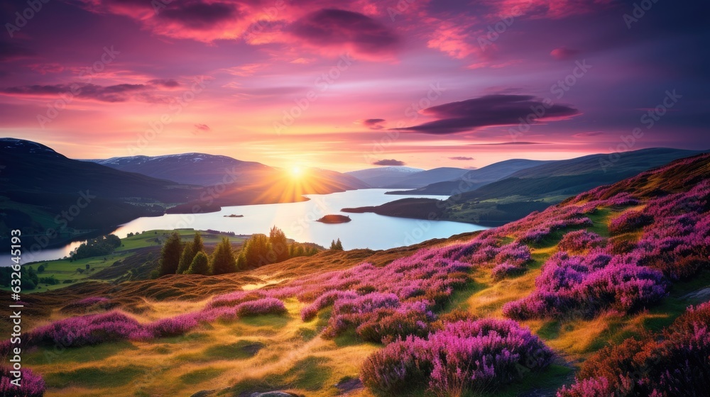 sunset over scottish highlands landscape with purple heather blooms green rolling hills lochs leading to distant mountains beauty generative AI