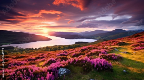 sunset over scottish highlands landscape with purple heather blooms green rolling hills lochs leading to distant mountains beauty generative AI