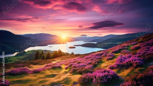 sunset over scottish highlands landscape with purple heather blooms green rolling hills lochs leading to distant mountains beauty generative AI © Brandon