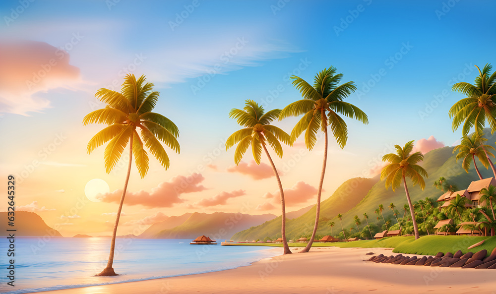 Sea sunset Landscape Above Morning Scene Ocean with Clouds, Water Surface, Palm Tree, coconut tree and Beach in Flat Background Illustration for Banner, the beach view, island with sea
