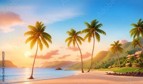 Sea sunset Landscape Above Morning Scene Ocean with Clouds  Water Surface  Palm Tree  coconut tree and Beach in Flat Background Illustration for Banner  the beach view  island with sea