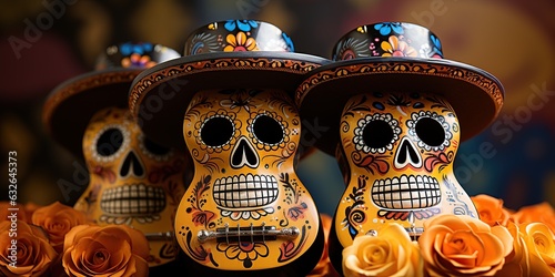 Photo Skulls with hats, Day of the Dead concept. Generative AI