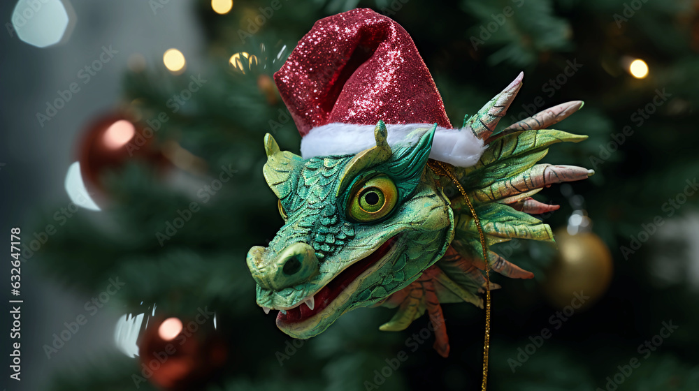 christmas dragon in a santa claus hat with a beautiful background christmas dragon in a santa claus hat with a beautiful background
