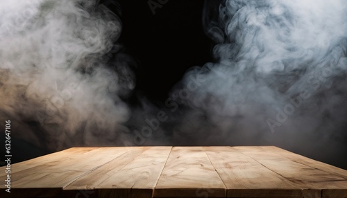 empty wooden table with smoke float up on dark background Empty Space for display your products,.empty wooden table with smoke float up on dark background Empty Space for display your products