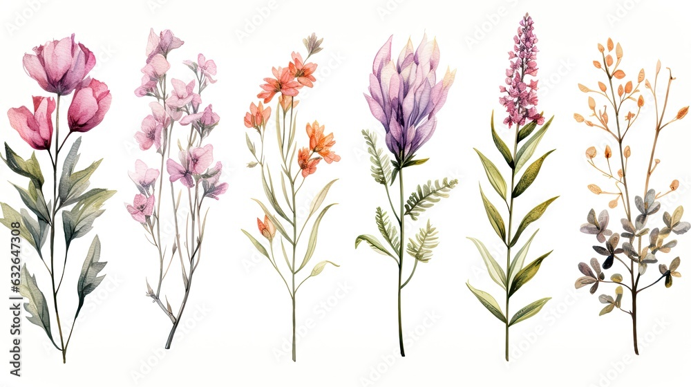 watercolor botanical flowers illustrations isolated on white generative AI - obrazy, fototapety, plakaty 