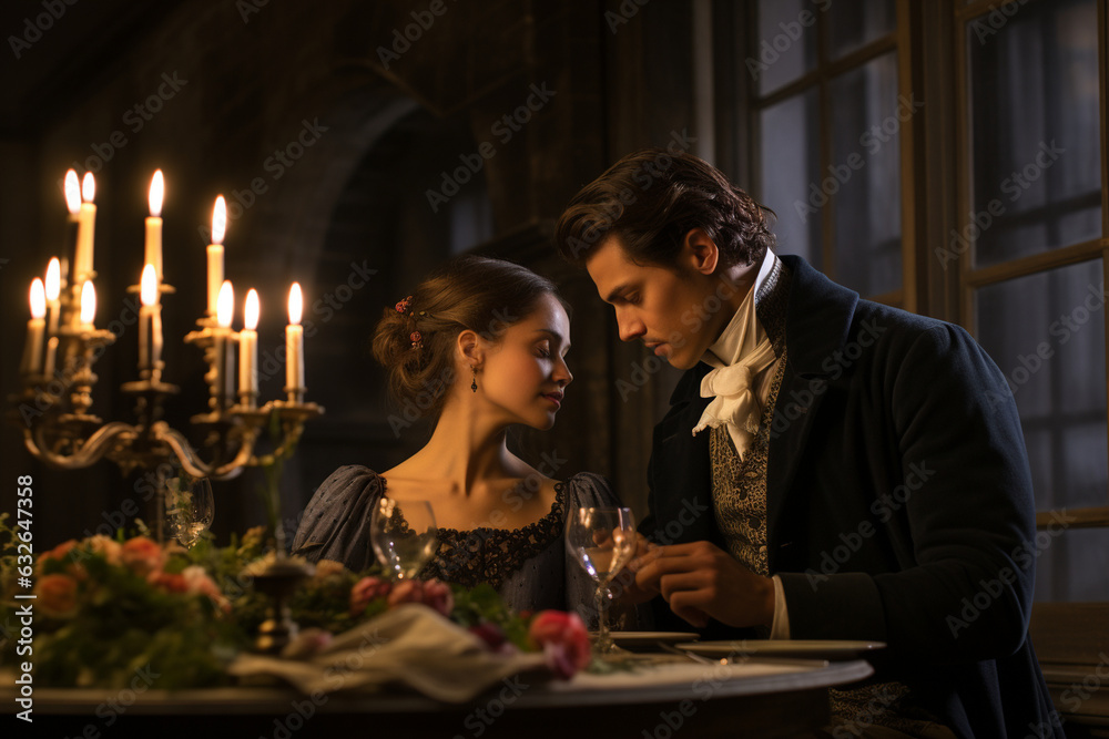 The couple enjoying a candlelit dinner at a beautifully set dining table 