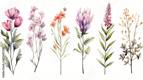 watercolor botanical flowers illustrations isolated on white generative AI