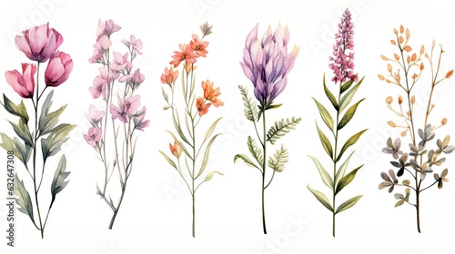 Fototapeta Naklejka Na Ścianę i Meble -  watercolor botanical flowers illustrations isolated on white generative AI