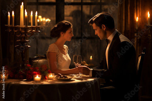 The couple enjoying a candlelit dinner at a beautifully set dining table 