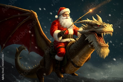 santa riding a dragon, illustration, Generative AI © Morningmaze