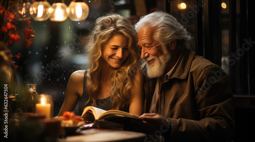An old man and a young girl reading a book in a café