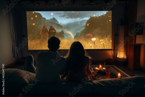 The couple enjoying a movie night with a projector and a big screen 