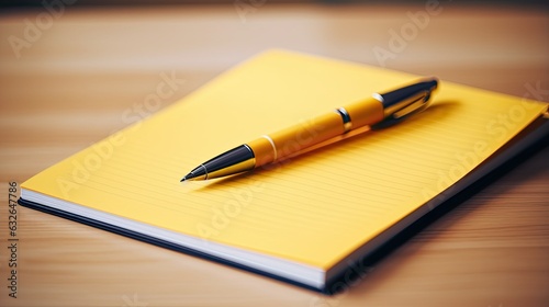 yellow legal notepad next to black ballpoint pen on table generative AI