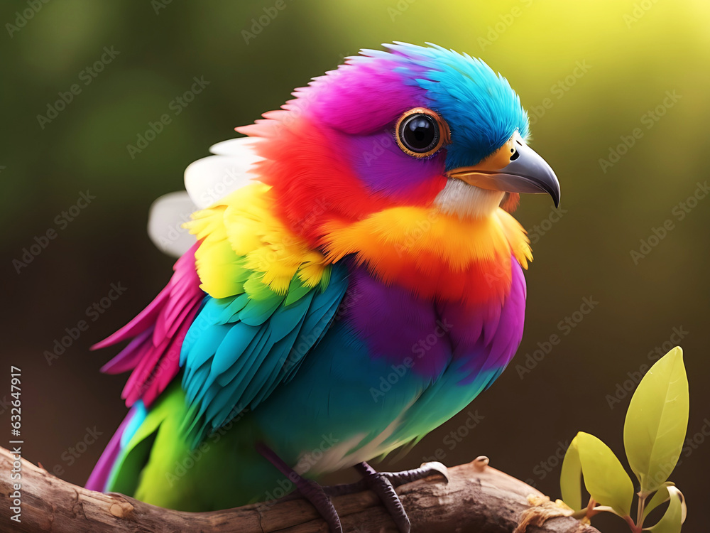 a colorful bird perched on a branch of a tree with leaves in the background behind it