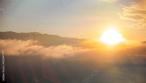 Natural fog and mountains sunlight background blurring, misty waves warm colors and bright sun light. Christmas background sky sunny color orange light patterns, abstract flare evening on clouds blur. © sinthi