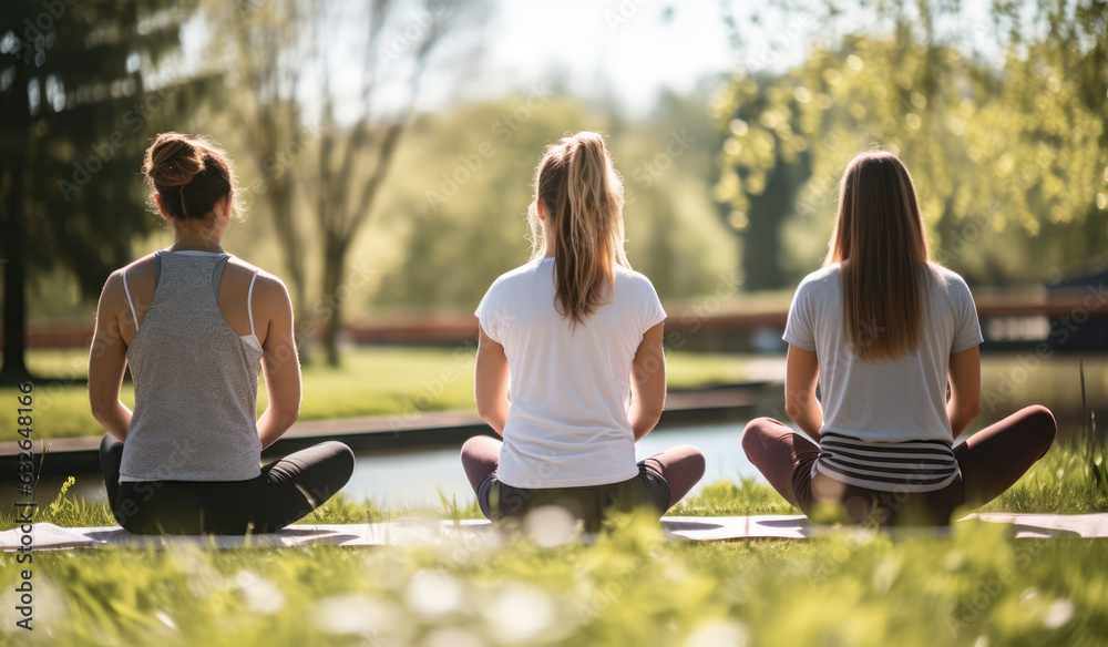 group of young people doing yoga in nature, A bright day in the country group of young people doing yoga in nature, A bright day in the country