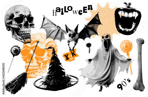 Set of halftone illustrations for Halloween decoration in retro offset style. Big collection with traditional elements - bat. skull. gost, zombie eye, witch's broom and hat. 90s vector illustration.