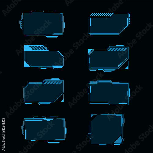 Science Frame HUD set. Vector futuristic screen for GUI, UI design. Set title, High-tech caption bar Label, digital template. HUD window collection,