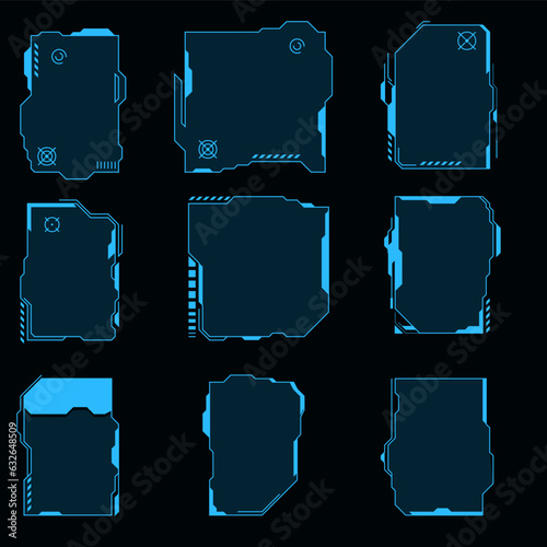 Sci Frame HUD. Vector futuristic screens for GUI, UI design. Set titles, virtual reality cyberspace, frame screens and other. Hi-tech callout bar labels, digital templates. windows collection HUD,