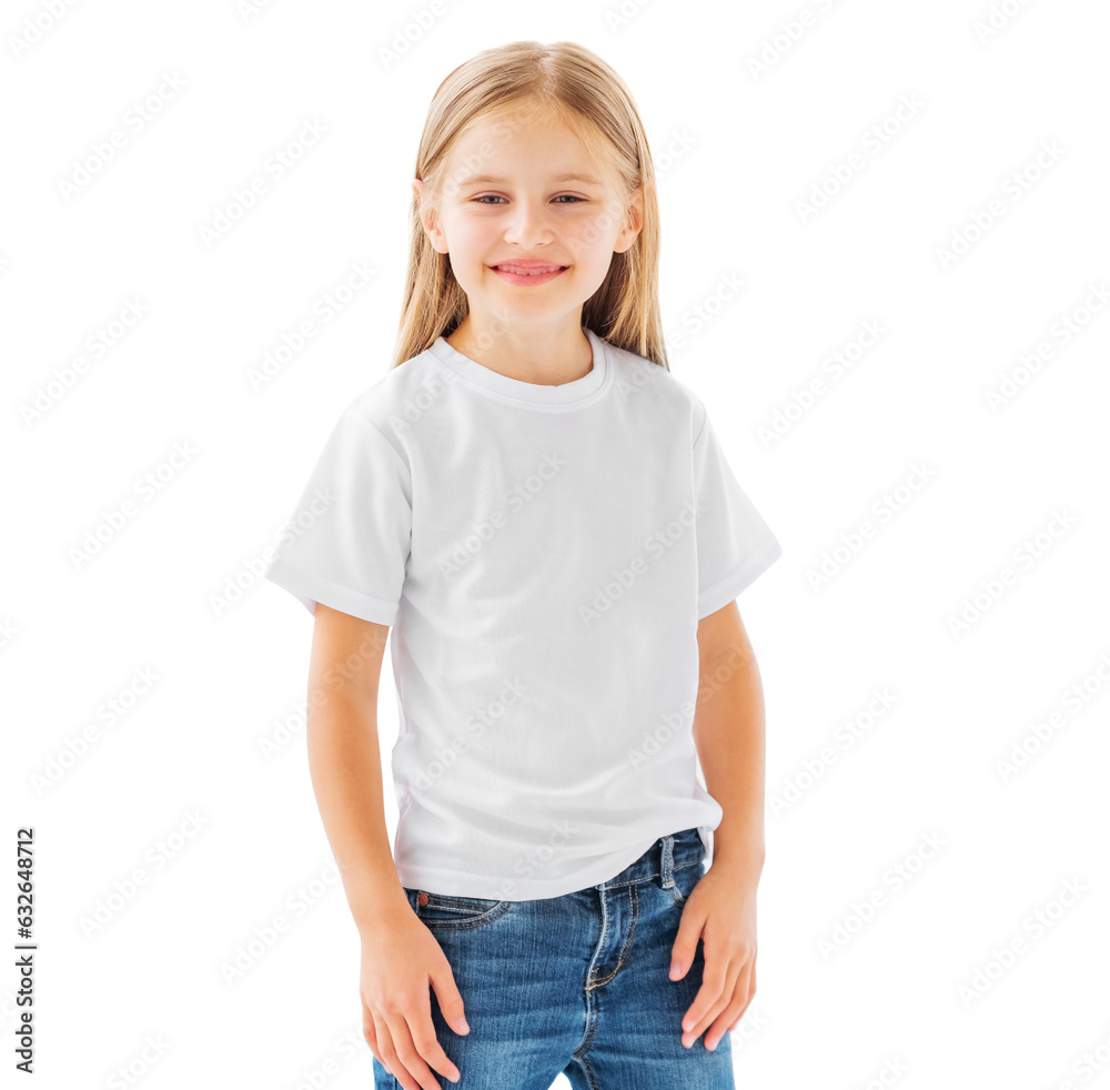 Smiling little girl in a white blank t-shirt isolated on a white background Smiling little girl in a white blank t-shirt isolated on a white background