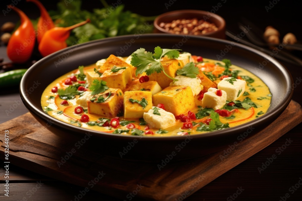 A plate of freshly prepared Indian Paneer cheese curry with cilantro