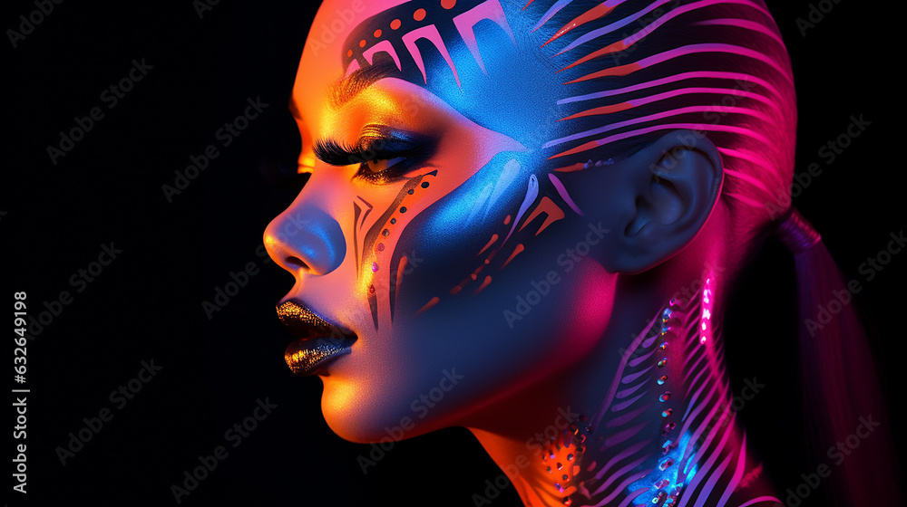 Retrato de uma jovem com maquiagem de arte de fantasia. Look de maquiagem ousado que incorpora a vibe cyberpunk, cores neon Retrato de uma jovem com maquiagem de arte de fantasia. Look de maquiagem ousado que incorpora a vibe cyberpunk, cores neon
