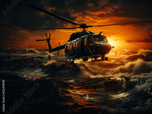 Helicopter flying very low above the water. Military aircraft soaring above the raging sea at sunset. photo