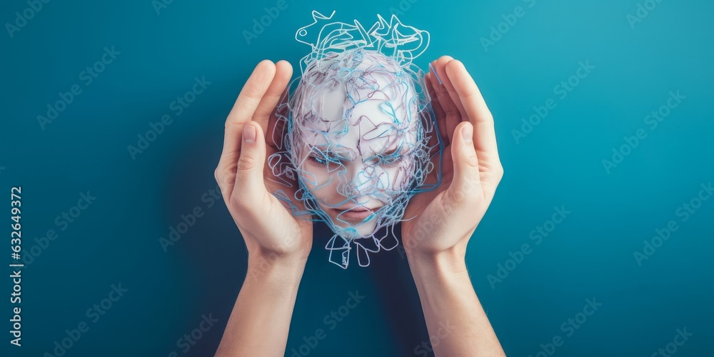 Hands holding human head, attention deficit hyperactivity disorder, ADHD symptom, mental health, confused mind, Generative AI - obrazy, fototapety, plakaty 