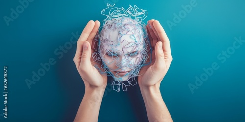 Hands holding human head, attention deficit hyperactivity disorder, ADHD symptom, mental health, confused mind, Generative AI photo