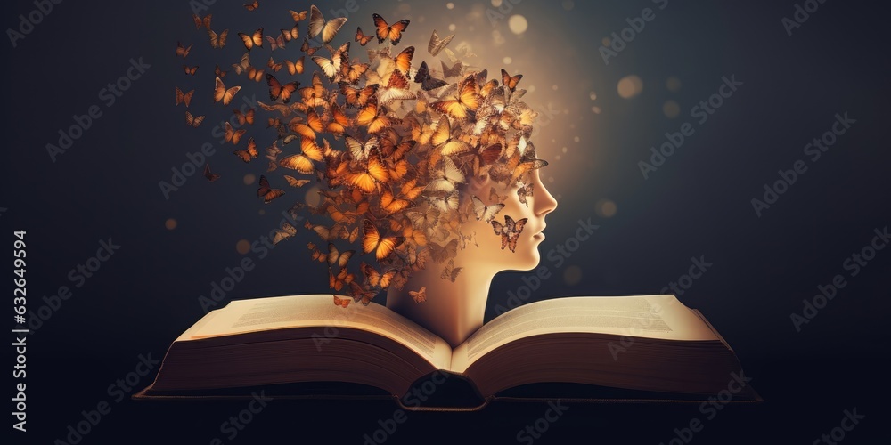 Human mind with butterflies and light coming out of a book,  mental health concept, positive thinking, creative brain, fairy tale story, Generative AI - obrazy, fototapety, plakaty 
