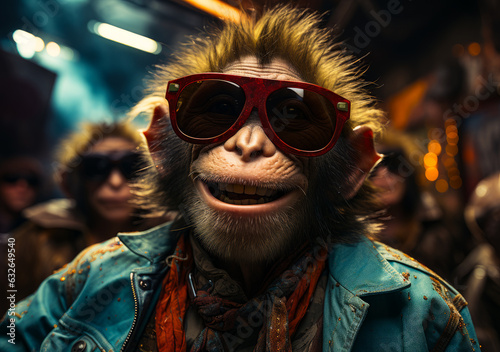 Funny ape wearing big sunglasses, scarf and jeans jacket. Monkey smiling to the camera. Close up. Other apes at blurred backdrop.