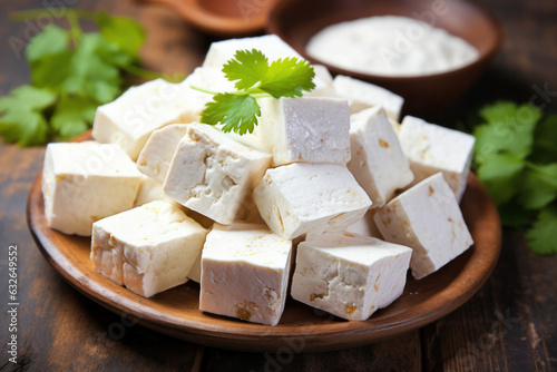 Paneer cheese cubes on a plate with green sauce and cilantro on the table photo