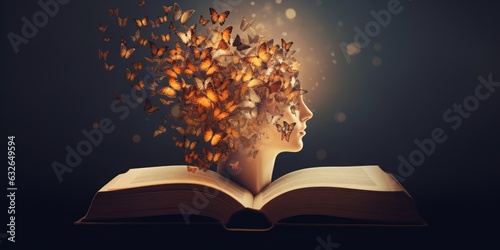 Human mind with butterflies and light coming out of a book, mental health concept, positive thinking, creative brain, fairy tale story, Generative AI