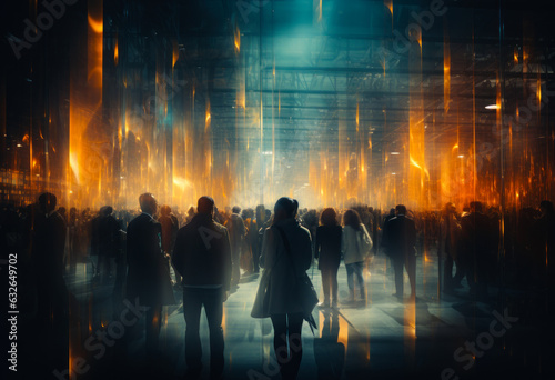 Crowded hall indoors. Big room with numerous people standing there among the splashes of orange lights.