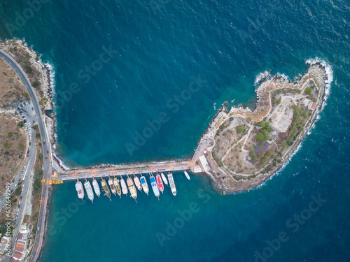 Kusadasi Marina and Kusadasi Castle Drone Photo, Summer Season Cruise Ships, Kusadasi Aydin, Turkey (Turkiye)