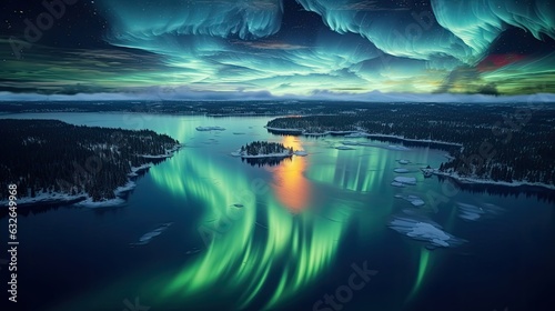 amazing aerial aurora borealis northern lights dancing swirls over lake yellowknife canada generative AI