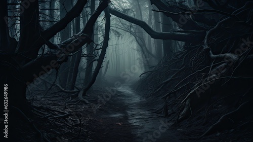 amazing dense fog settles hauntingly over mystical dark forest path trees vanishing upwards generative AI photo