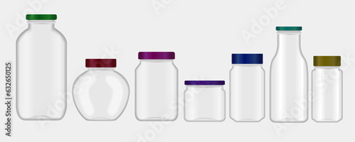Glass jars with lids realistic mockup, vector food packages. Empty clear bottle containers and transparent pots with metal and plastic screw caps of food canning and storage design 3d template set