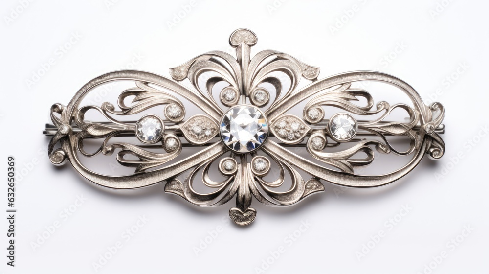 antique art nouveau platinum brooch with diamond accents isolated on a white background generative AI - obrazy, fototapety, plakaty 