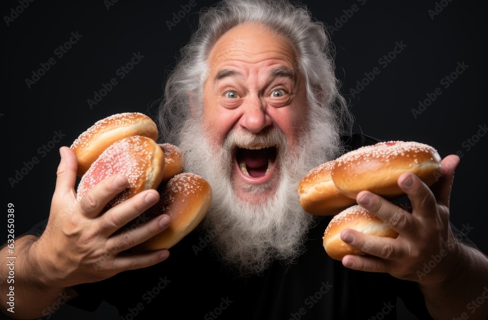 A man with a beard holding two doughnuts. AI. A man with a beard holding two doughnuts. AI.