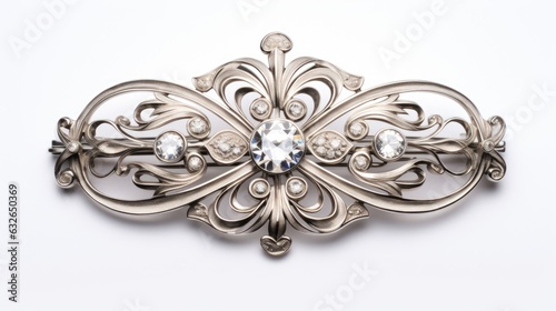 Fotografiet antique art nouveau platinum brooch with diamond accents isolated on a white bac
