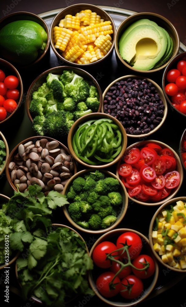 A variety of vegetables are arranged in bowls. AI.