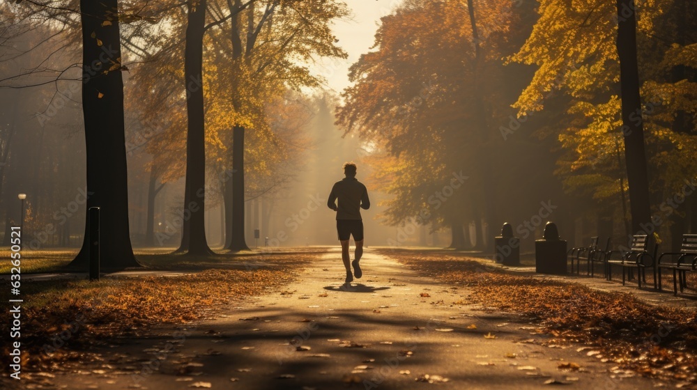 A man is running in the park on a foggy day. AI. A man is running in the park on a foggy day. AI.