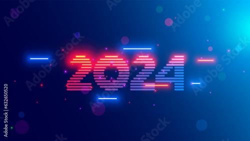 2024 new year, christmas tech background. Year 2024 consist from light neon lamps in dark, hanging in cyberspace. Digits or Number year on celebration banner in new technology style. 2024 logo vision photo