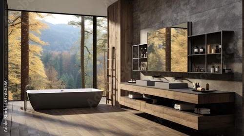 A bathroom with a large window and a bathtub. AI. © Maria Starus