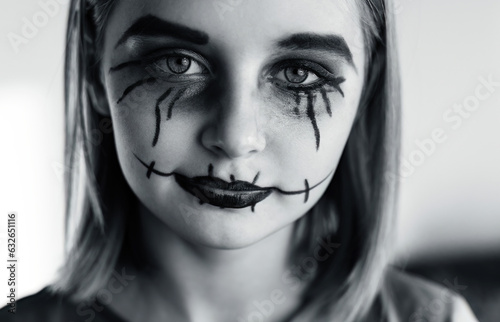 Little girl with spooky Halloween makeup brushed eyes looking at camera. Creepy kid s portrait with crazy joker expression  black and white.