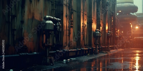 Illustration of a science fiction wall with high tech industrial buildings and towers in the rain. A moody steampunk style. Ai generative art. © W&S Stock